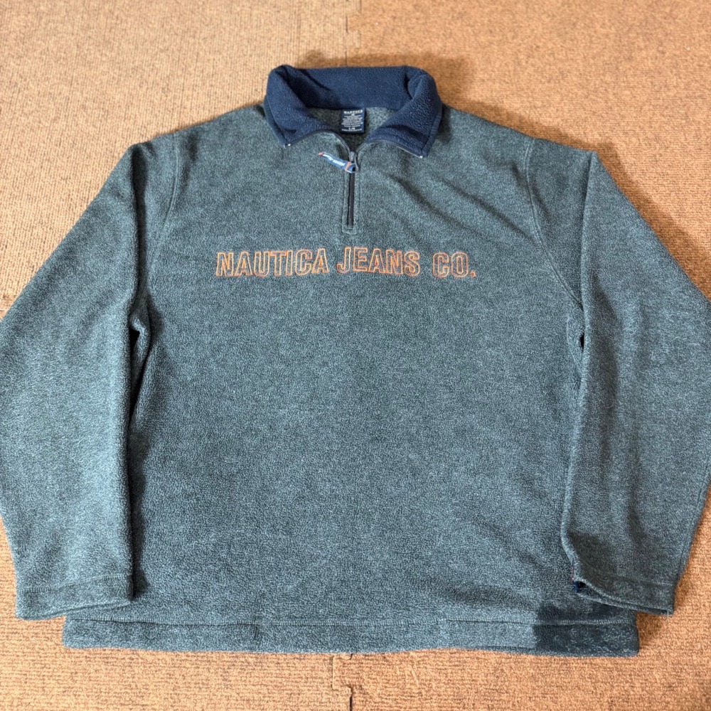 Nautica Jeans Co Mens Large Fleece Quarter Zip Pullover Sweater Vintage Style